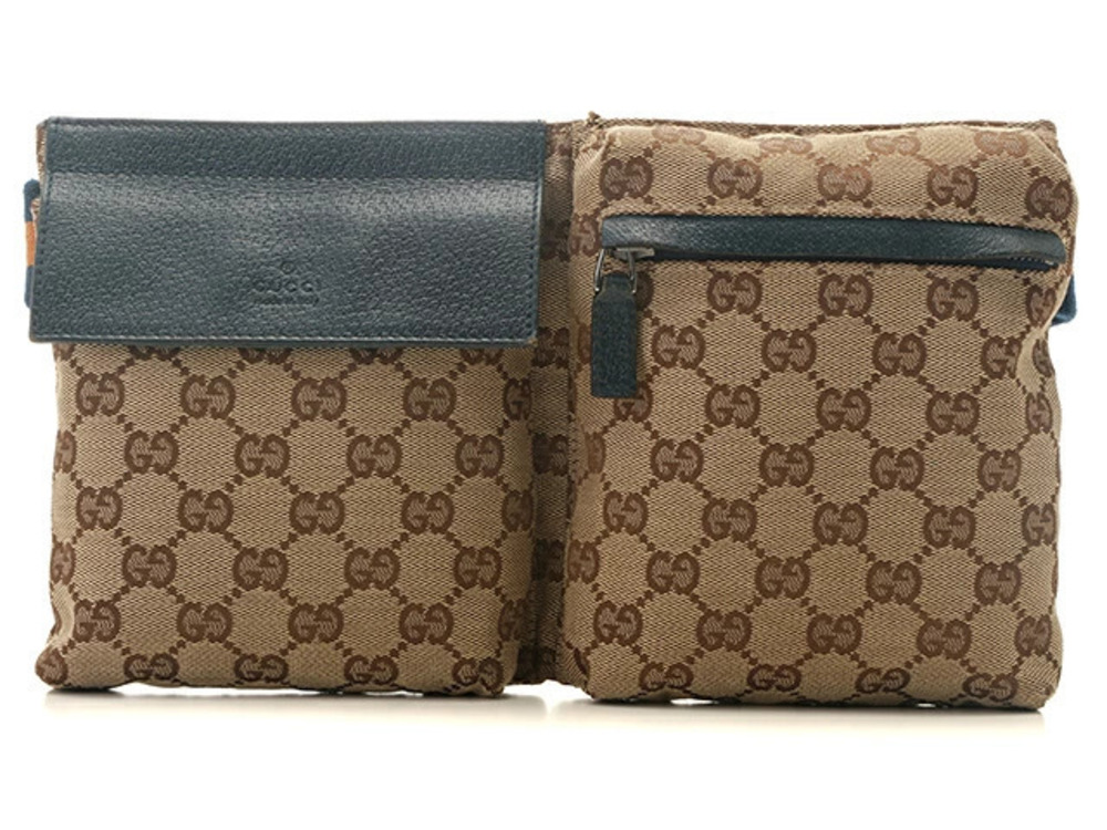 Gucci GG Waist Bag Beige Cream Navy Blue Orange Canvas Calfskin